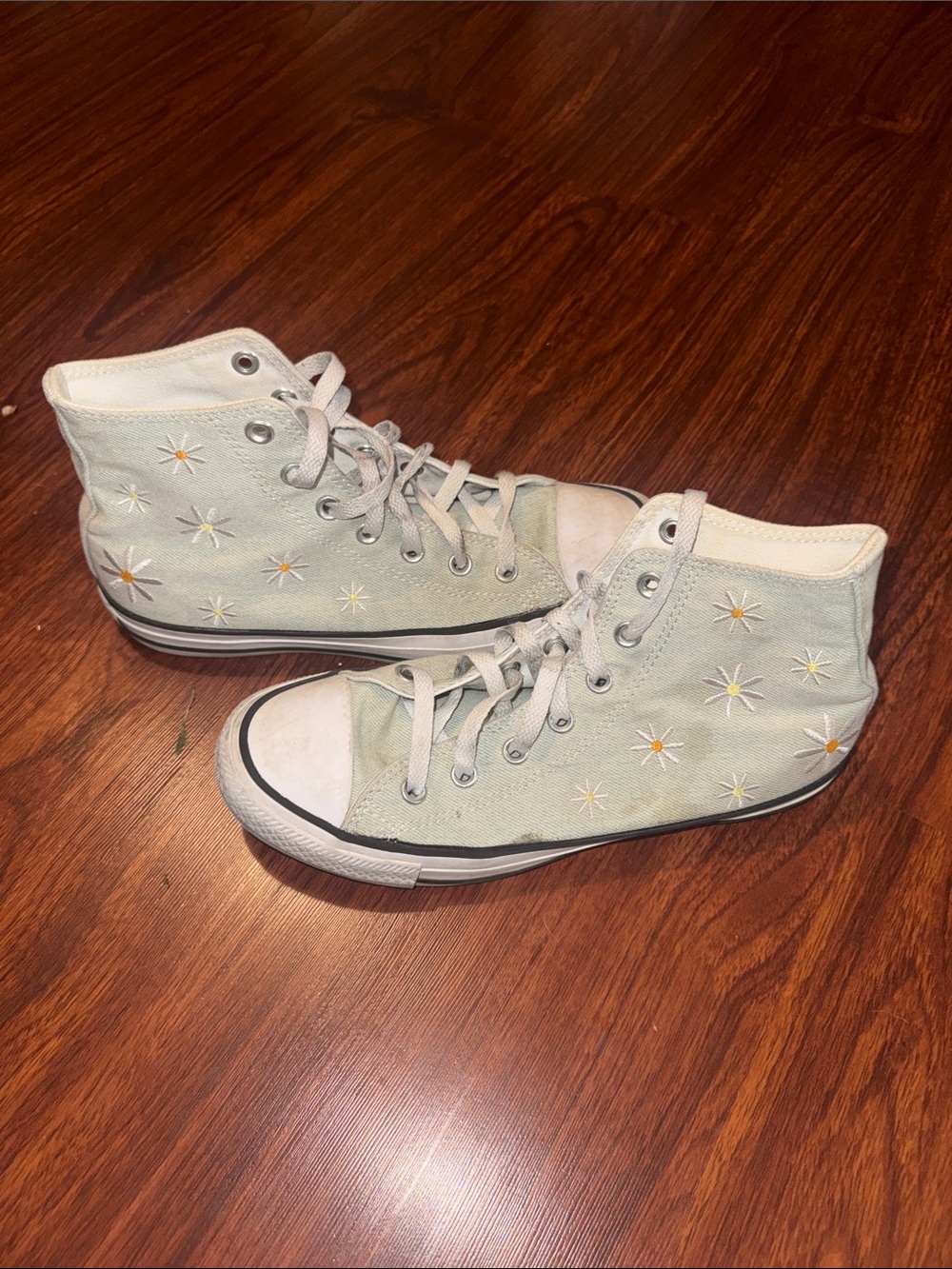 Light Sage Green High-Top Converse with Daisy Embroidery